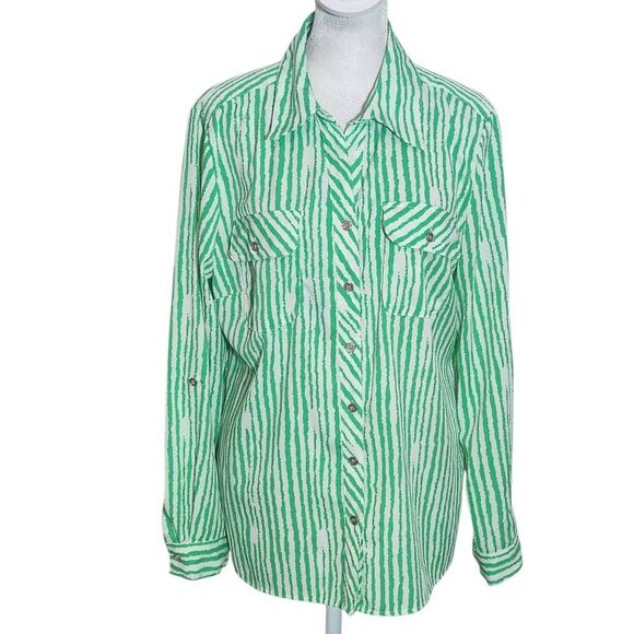 Notations Green and White Stripe Button Down Blouse Size Medium Green Camp Shirt - Picture 1 of 8